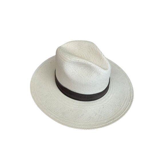 JANESSA LEONE Ivory Banded Straw Wide Brim Hat Size Medium - Picture 3 of 9